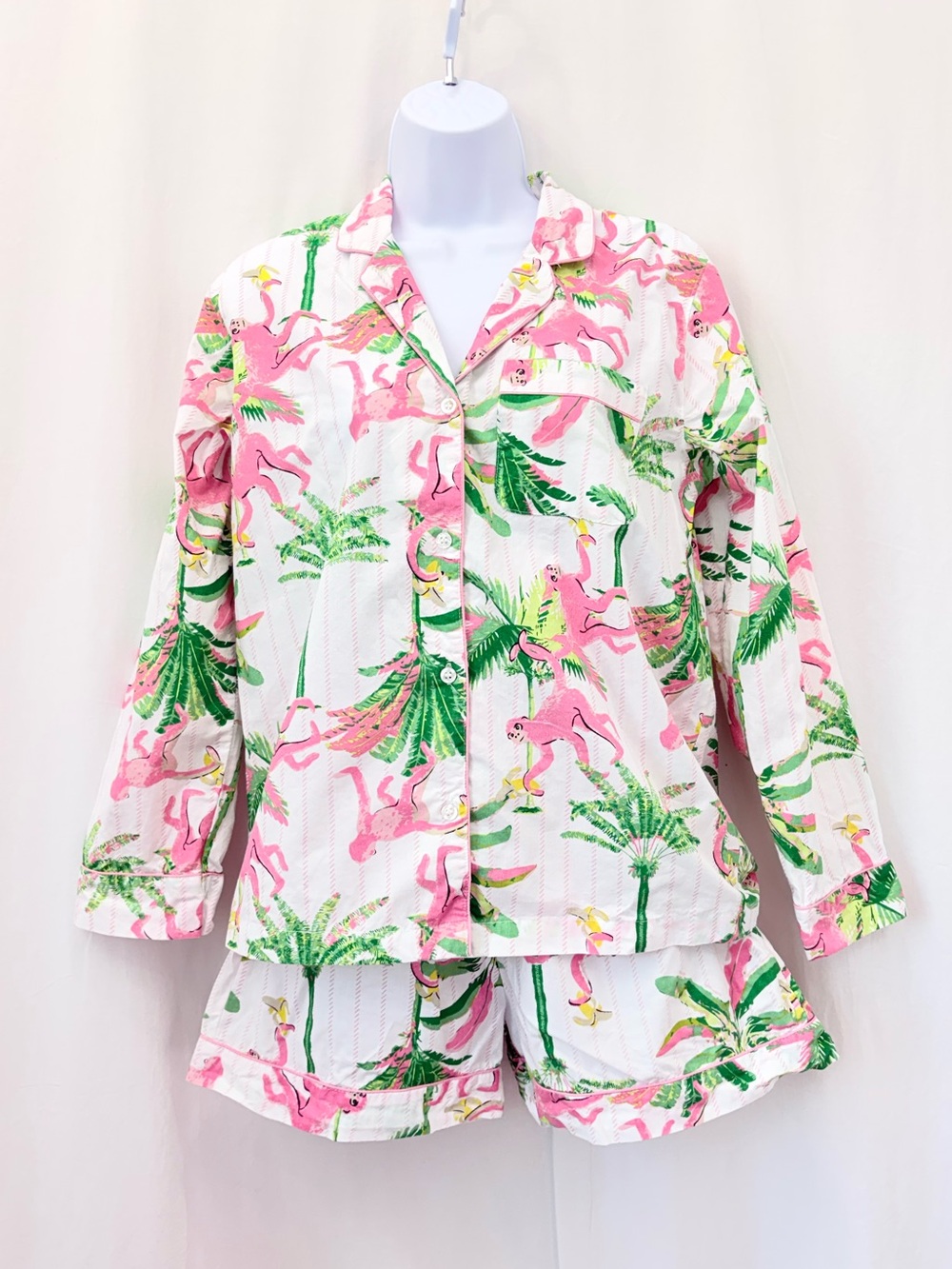 8 Oak Lane Pink Monkeys Palm Tree Long Sleeve Cotton Shorts Set Pajamas Sz XS/S